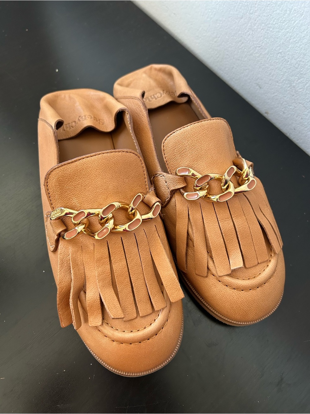 SEE BY CHLOÉ  Fringe Flap Loafers in tan